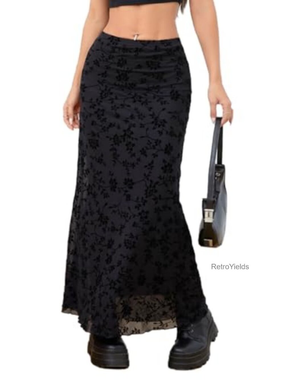 Y2k Floral Mesh Maxi Skirt Low Waisted Fishtail Goth Long Skirt Stretchy